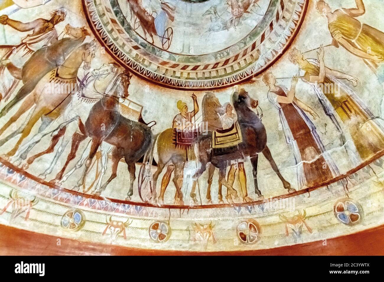 Detail of a mural of a Thracian tomb in the Valley of the Thracian Kings - located in the region of Kazanlak, Bulgaria. Stock Photo