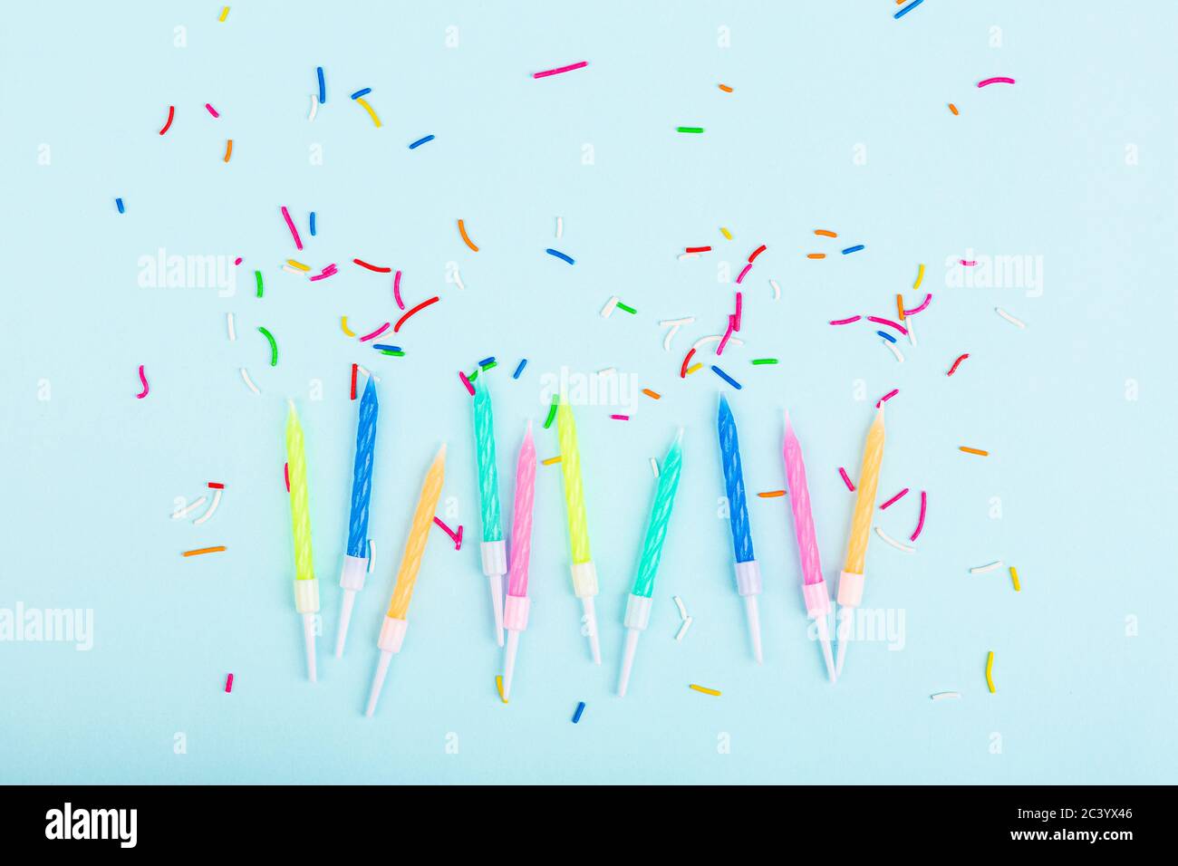 Download Happy Birthday Candles And Confetti On Blue Background Top View Flat Lay Style Mockup Template Stock Photo Alamy