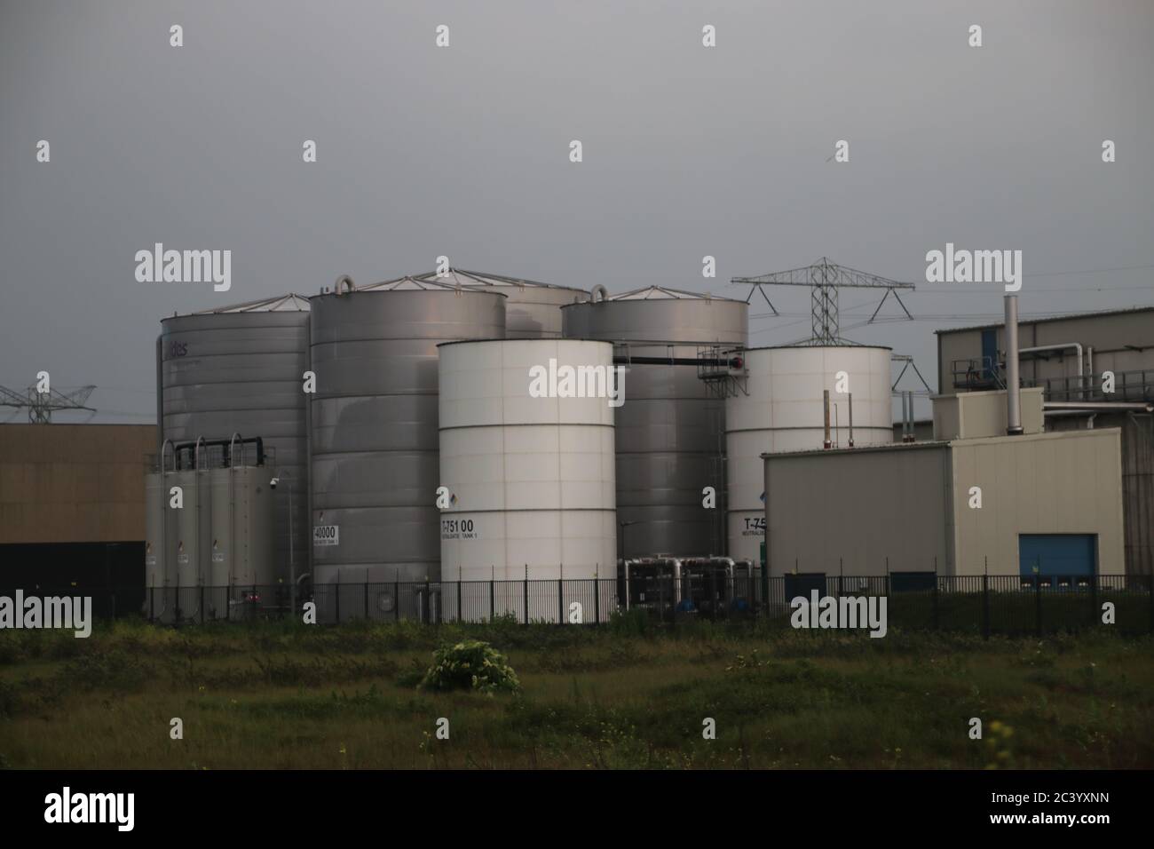 Drinking water and chemical tanks at Evides treatment plant in the Maasvlakte port of Rotterdam Stock Photo