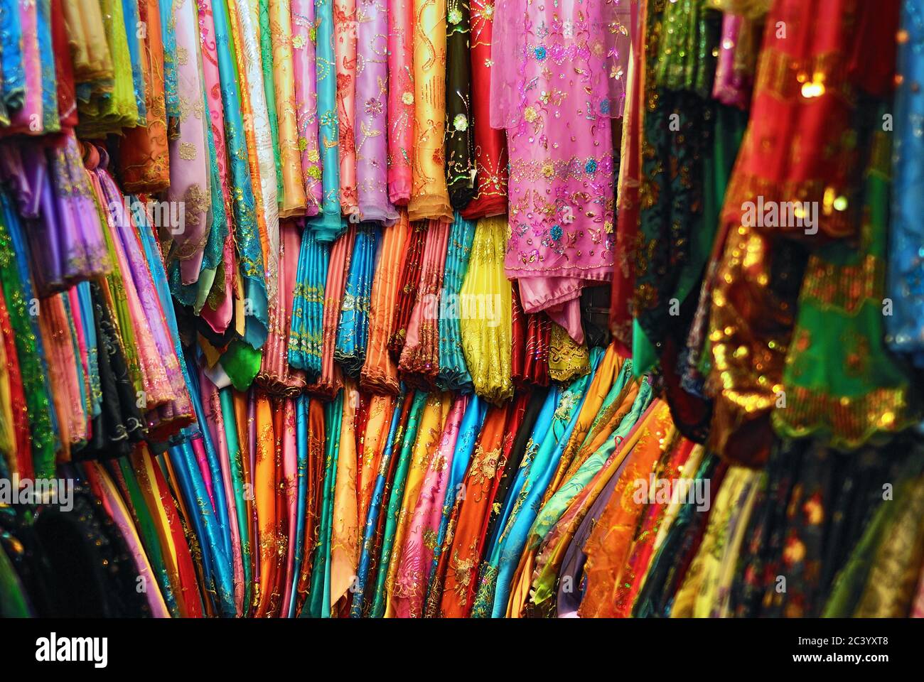 Street shop of traditional arabic fabrics and textiles in the capital