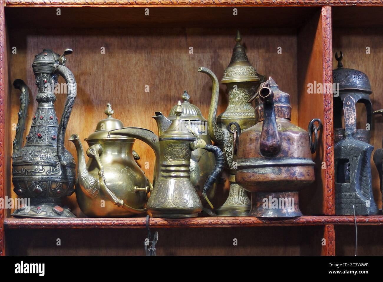 Vintage arabic jugs and pitchers, oriental arabian handmade. Yemeni. Arabic text on a jugs means an ayats of the Koran dedicated to water as the symbo Stock Photo
