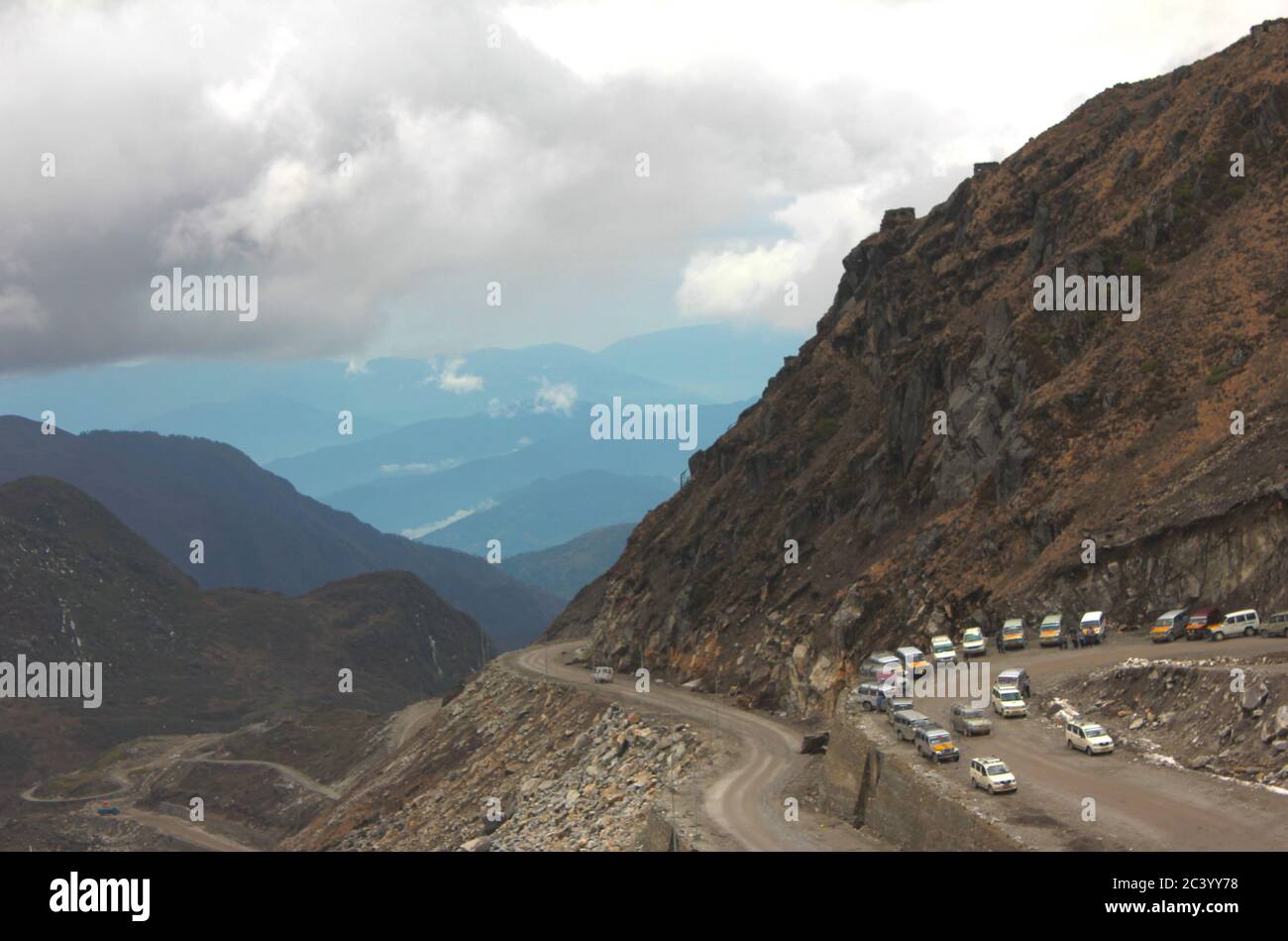 18th May 2011- View of the Blue mountain ranges as seen from Nathu La Pass in Sikkim, India. This is one of the India-China borders where tourists Stock Photo