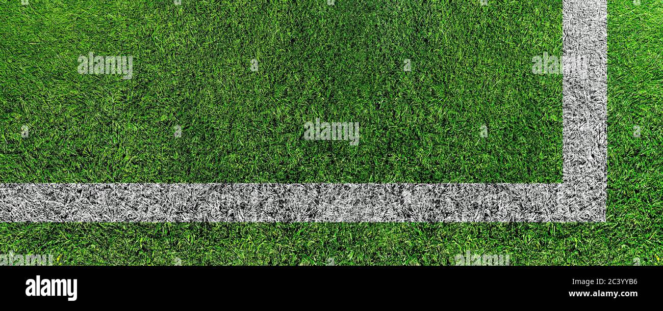 above view of green grass sports playing field with white field markings Stock Photo