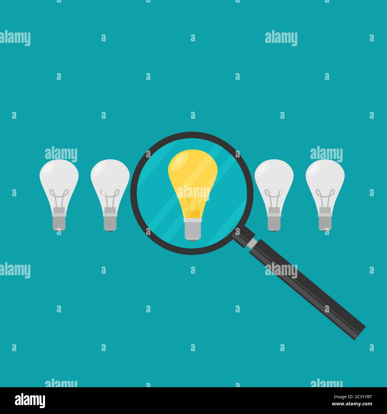 Vector concept in flat stye - searching for idea - lightbulbs and hand with magnifier Stock Vector