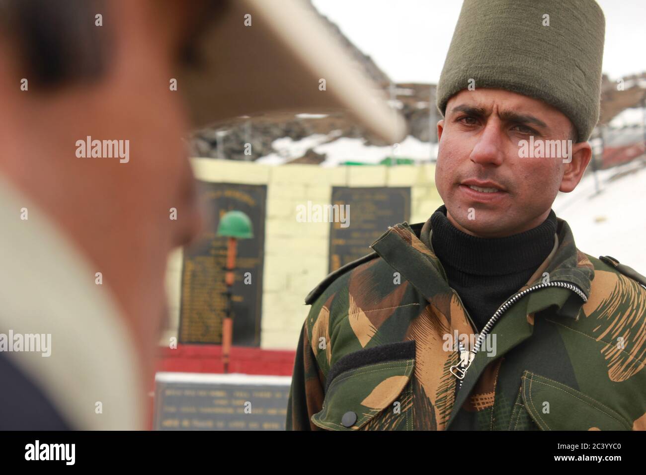 Indian Soldier at Nathu La Mountain Pass in Sikkim, India on 18th May 2011 Stock Photo