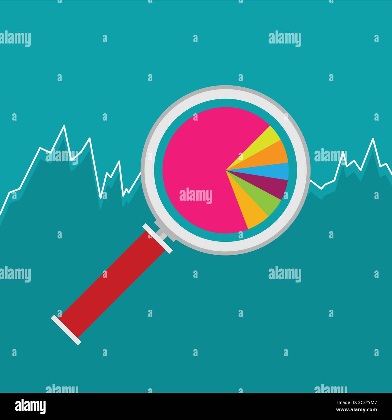 Marketing data analytics, analyzing statistics chart, magnifying glass with stock market graph figures. Flat icon modern design style vector illustrat Stock Vector