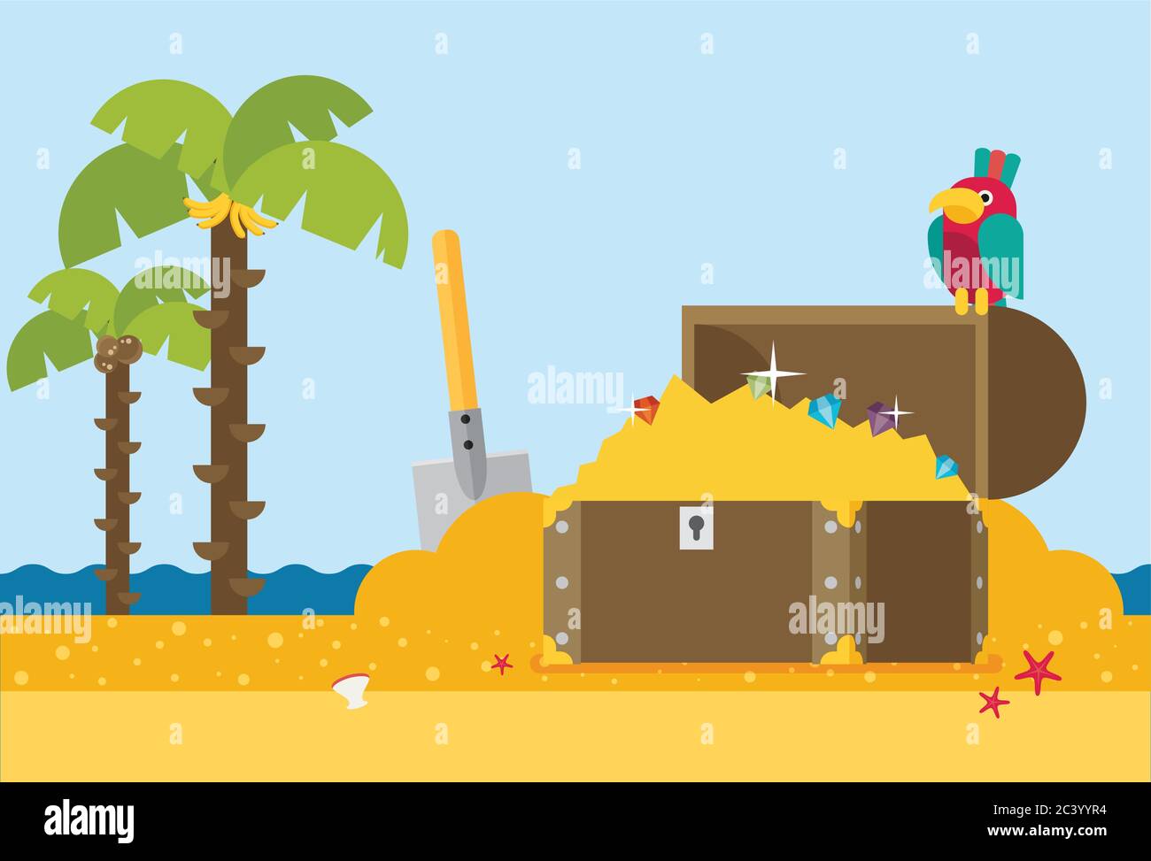 open treasure chest and pirates stuff on a desert island flat design Stock Vector Image & Art