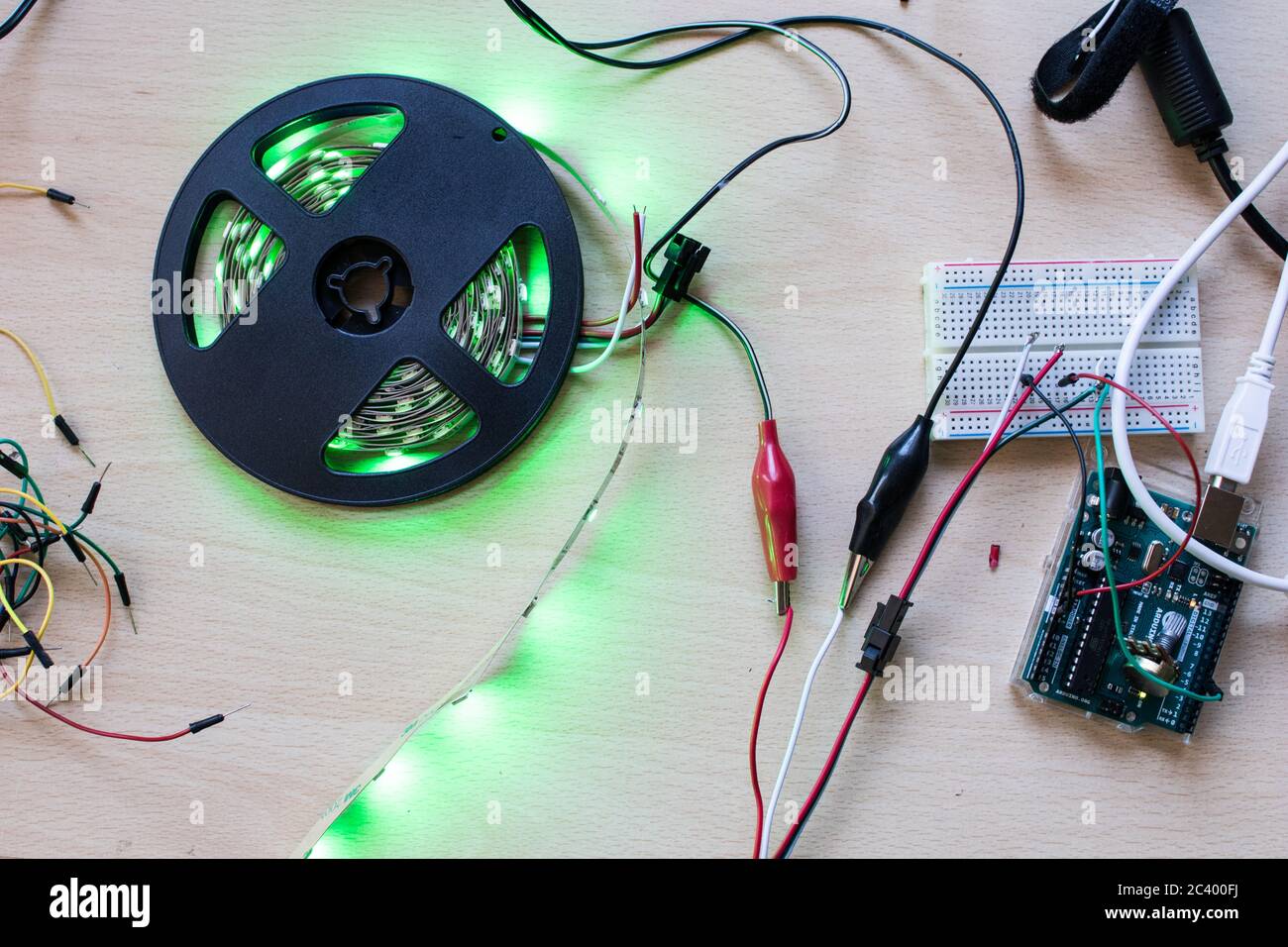 RGB led strip addressable controlled by a microcontroller open source to  have green color flux. Maker project for DIY environment lighting. Lights  for Stock Photo - Alamy