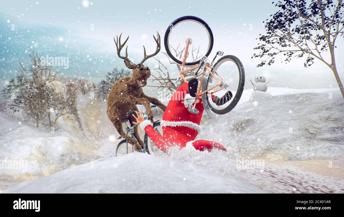 Funny Lame and Bad Santa Claus on bicycle with friend reindeer on a racing.  Merry Christmas, Happy New Year. Saint Nicholas day. Mannequin Challenge  Stock Photo - Alamy