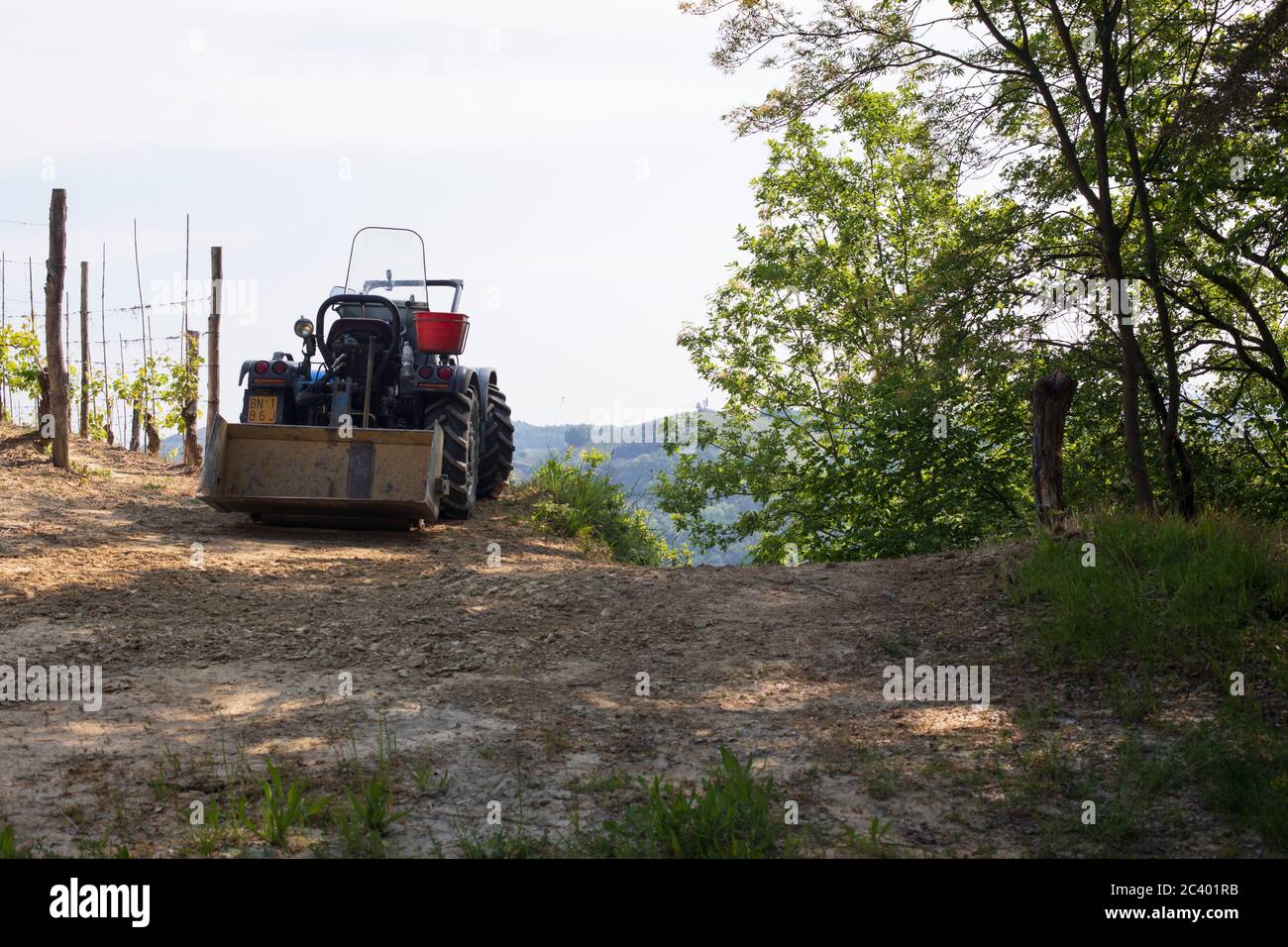 Tractor near a vineyard, Piedmont,Italy Stock Photo