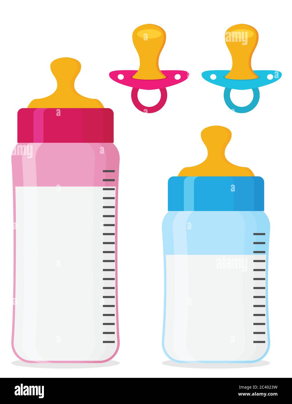 Feeding bottles and baby pacifiers flat vector icon set Stock Vector