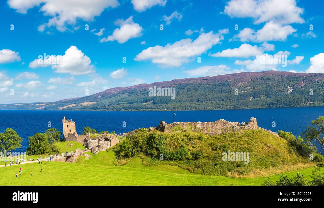 Urquhart Castle along Loch Ness lake in Scotland in a beautiful summer day, United Kingdom Stock Photo