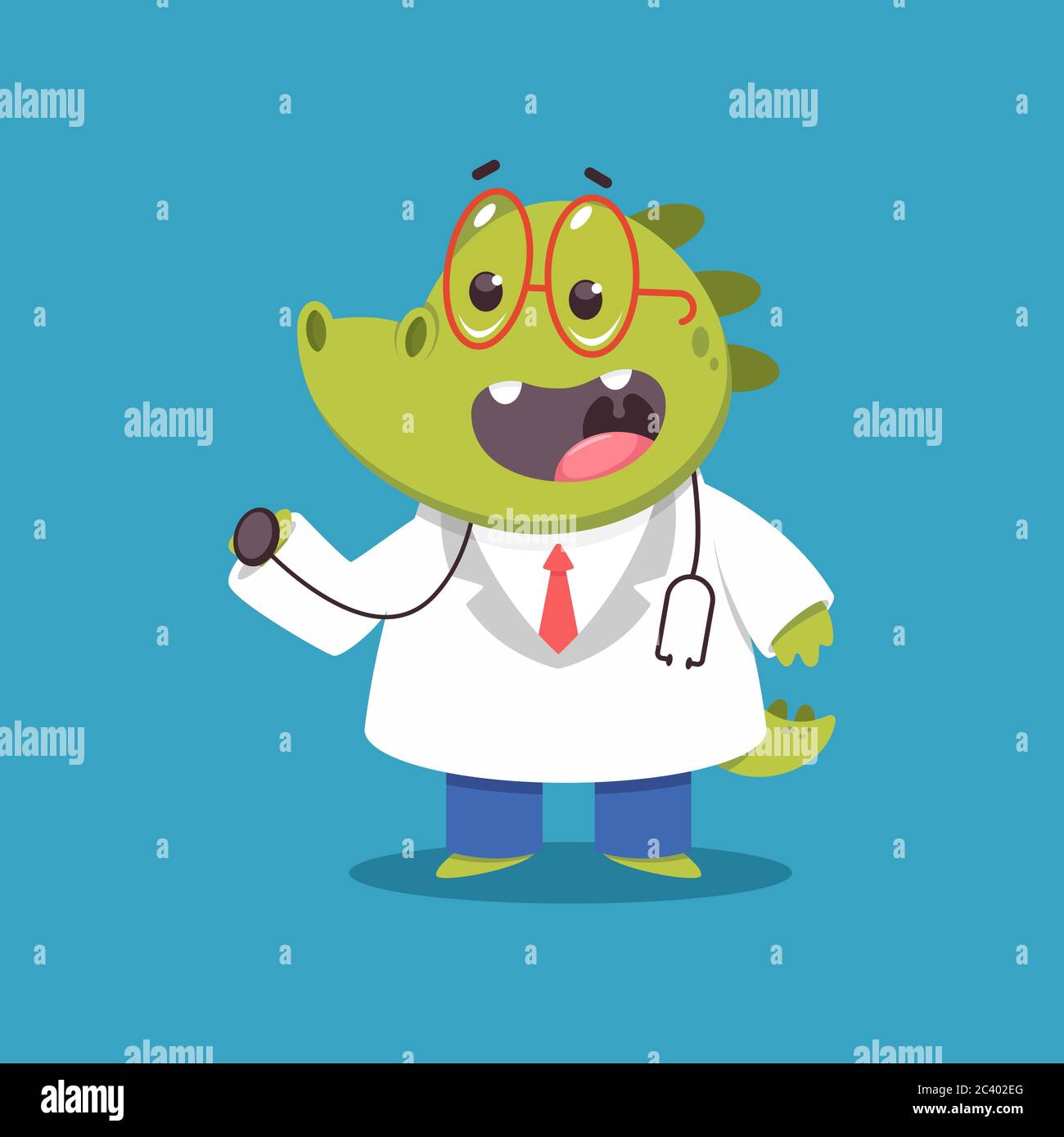 Children's doctor crocodile with stethoscope vector cartoon funny medical character isolated on background. Stock Vector