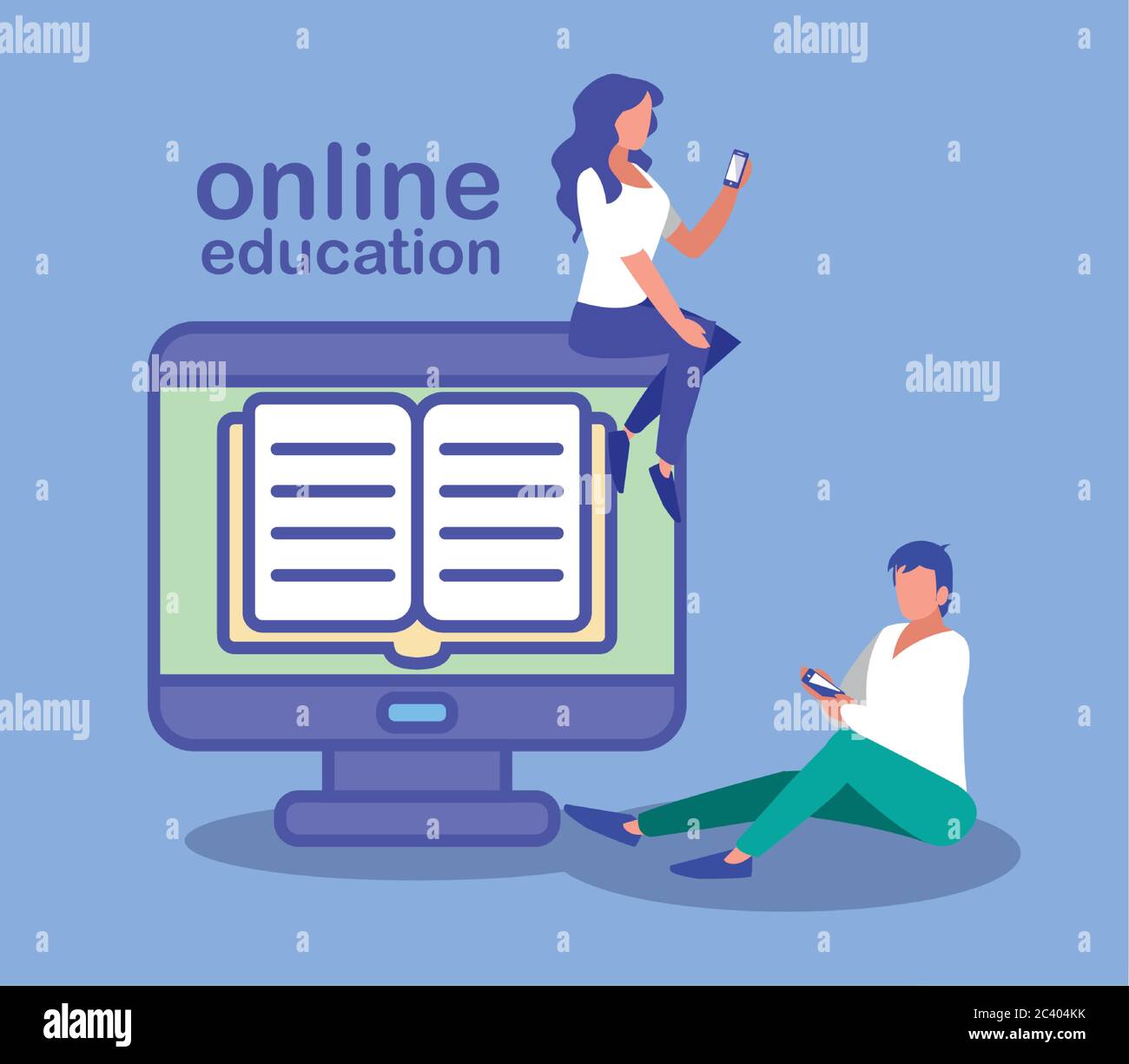 people using desktop computer, online education vector illustration