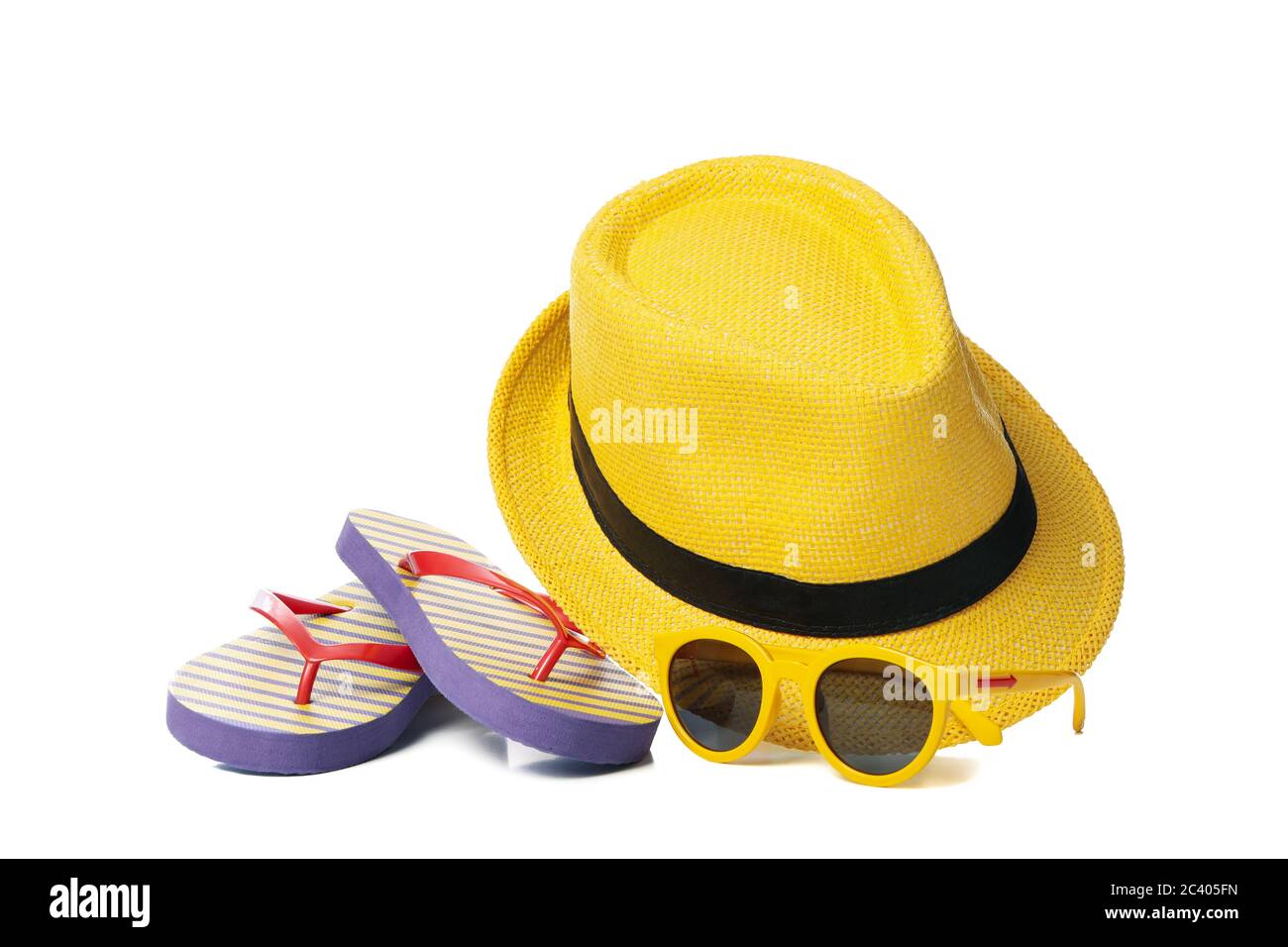 Flip flops, sunglasses and hat isolated on white background Stock Photo ...
