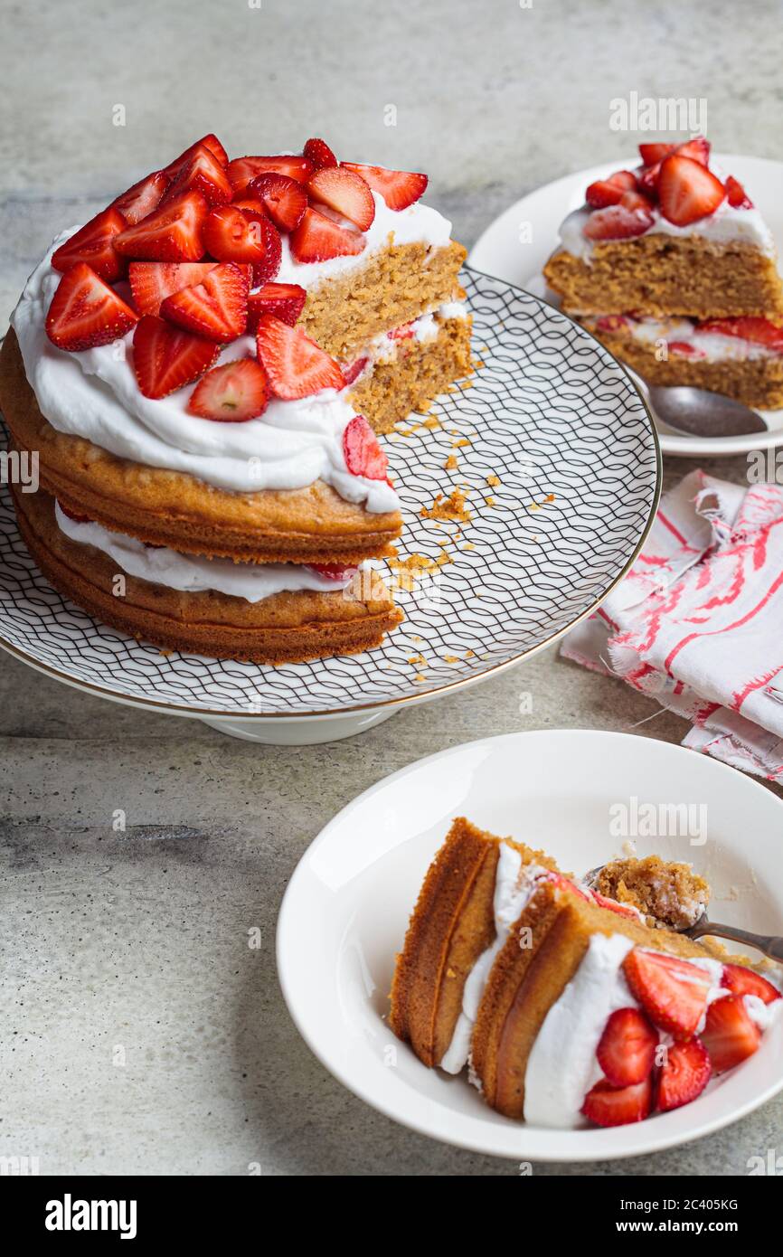 Vegan Strawberry Cake with Coconut Cream. Plant based dessert concept