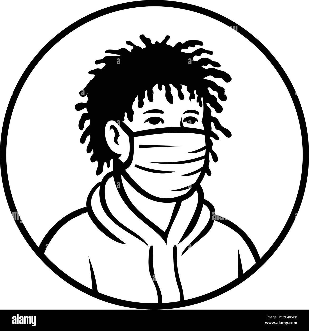 Retro style illustration of an African-American teenage teenager boy wearing a face mask and hoodie viewed from front isolated background in black and Stock Vector