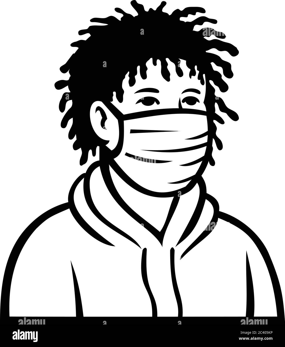 Retro style illustration of an African-American teenage teenager boy wearing a face mask and hoodie viewed from front isolated background in black and Stock Vector
