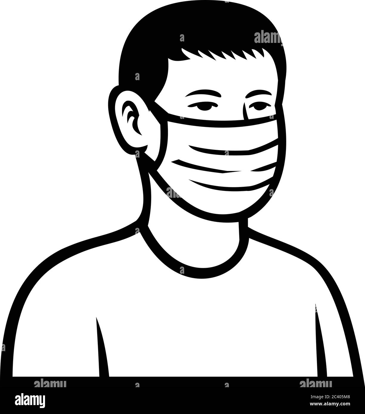 Black and white retro style illustration of an Asian teenage child or teenager boy wearing a face mask viewed from front isolated background. Stock Vector