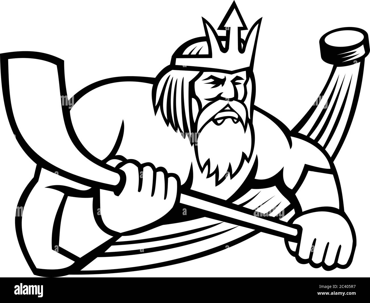 Black and white mascot illustration of Poseidon or Neptune, god of the Sea in Greek and Roman mythology holding an ice hockey stick with puck viewed f Stock Vector