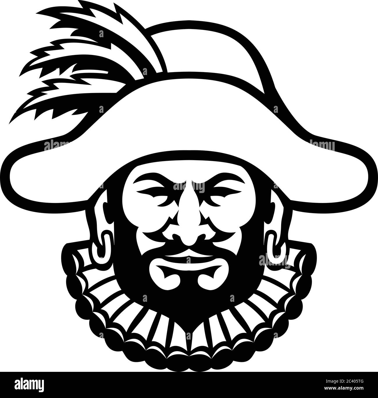 Black and white illustration of head of a minstrel, medieval specialist entertainer, singer or musician wearing a hat with feathers viewed from front Stock Vector