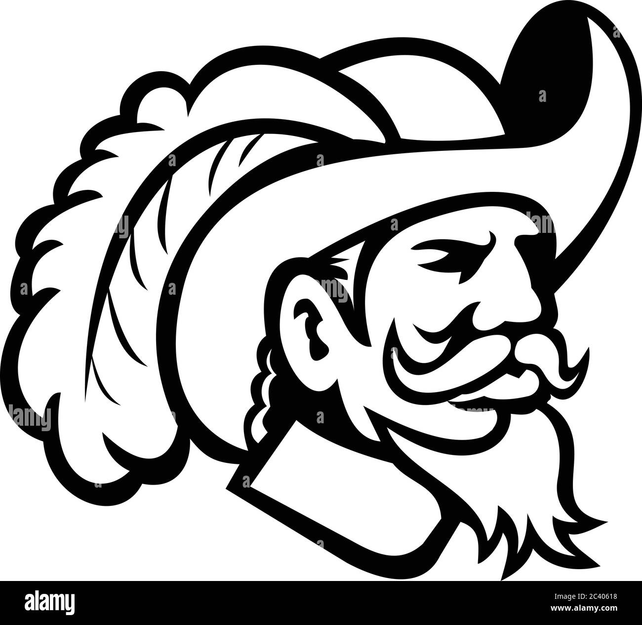 Black and white illustration of head of a musketeer or cavalier wearing a cavalier hat that  is wide-brimmed and trimmed with an ostrich plume viewed Stock Vector