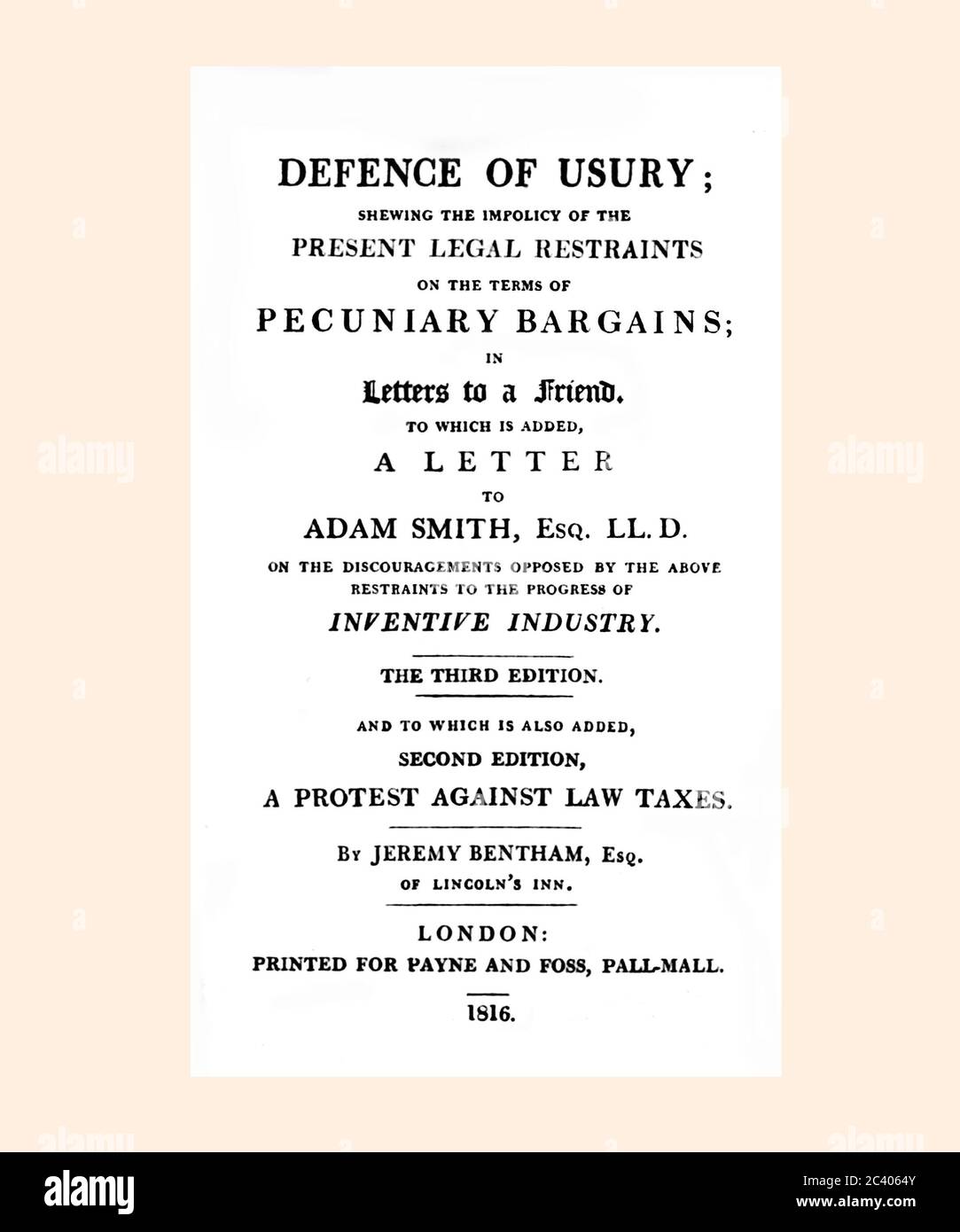 Jeremy Bentham Defence of Usury Title Page refreshed and reset Stock Photo