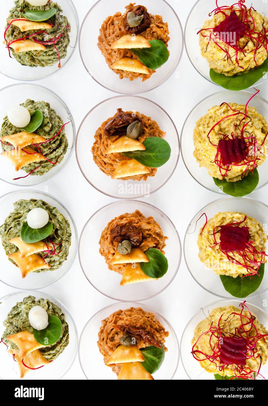 Conference snacks. Dry catering. Small dish snacks on a white ...