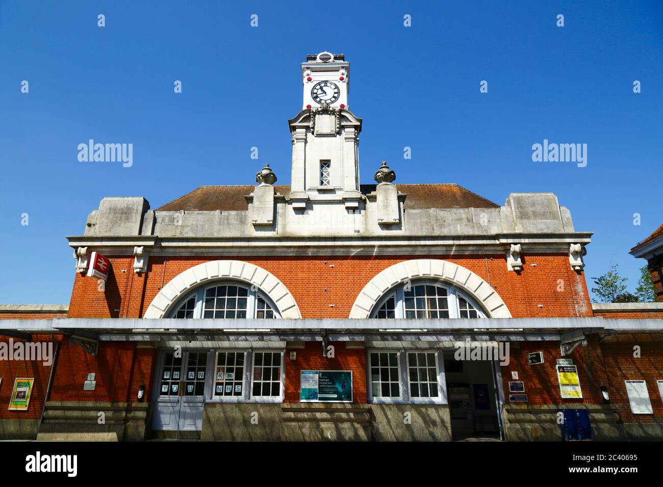 Clock tower and entrance facade of Central train station, Royal Tunbridge Wells, Kent, England Stock Photo
