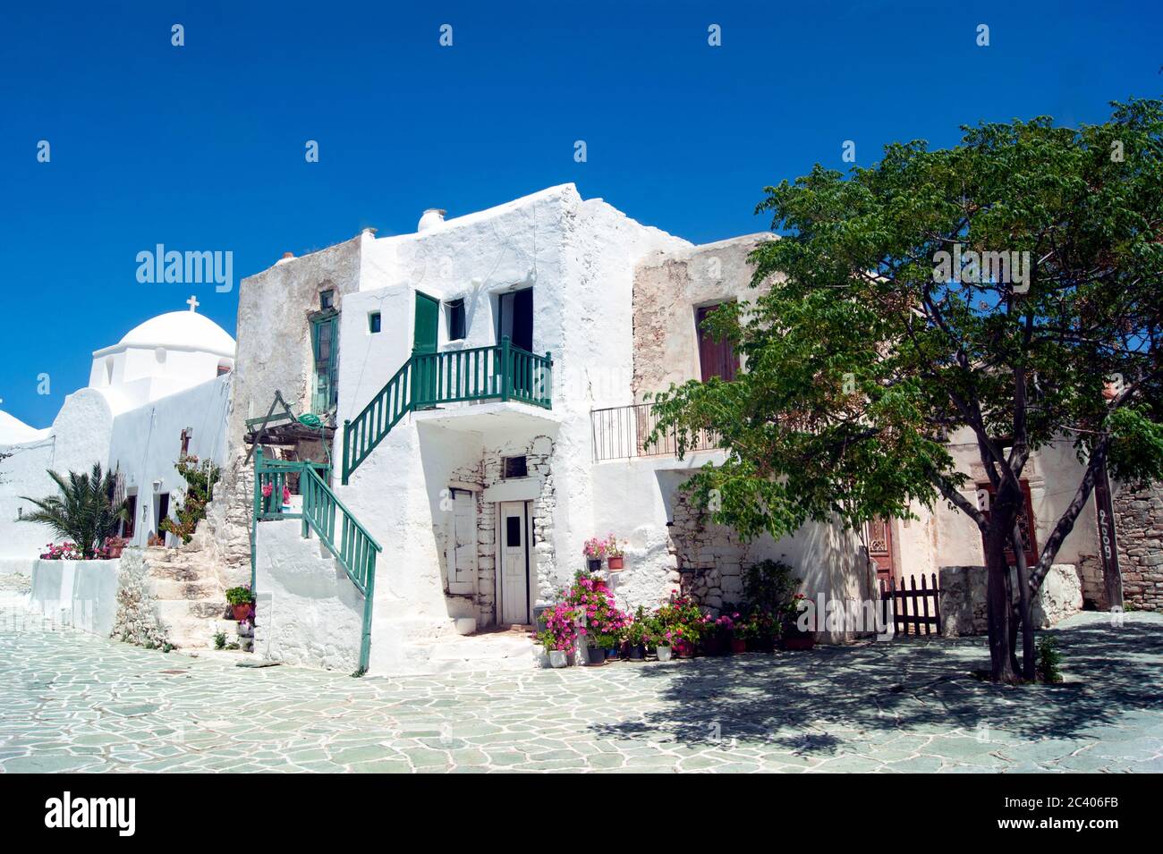 The historic old town of the Greek island of Folegandros.Traditional houses in the fortified part of the settlement, the Kastro. Whitewashed buildings Stock Photo