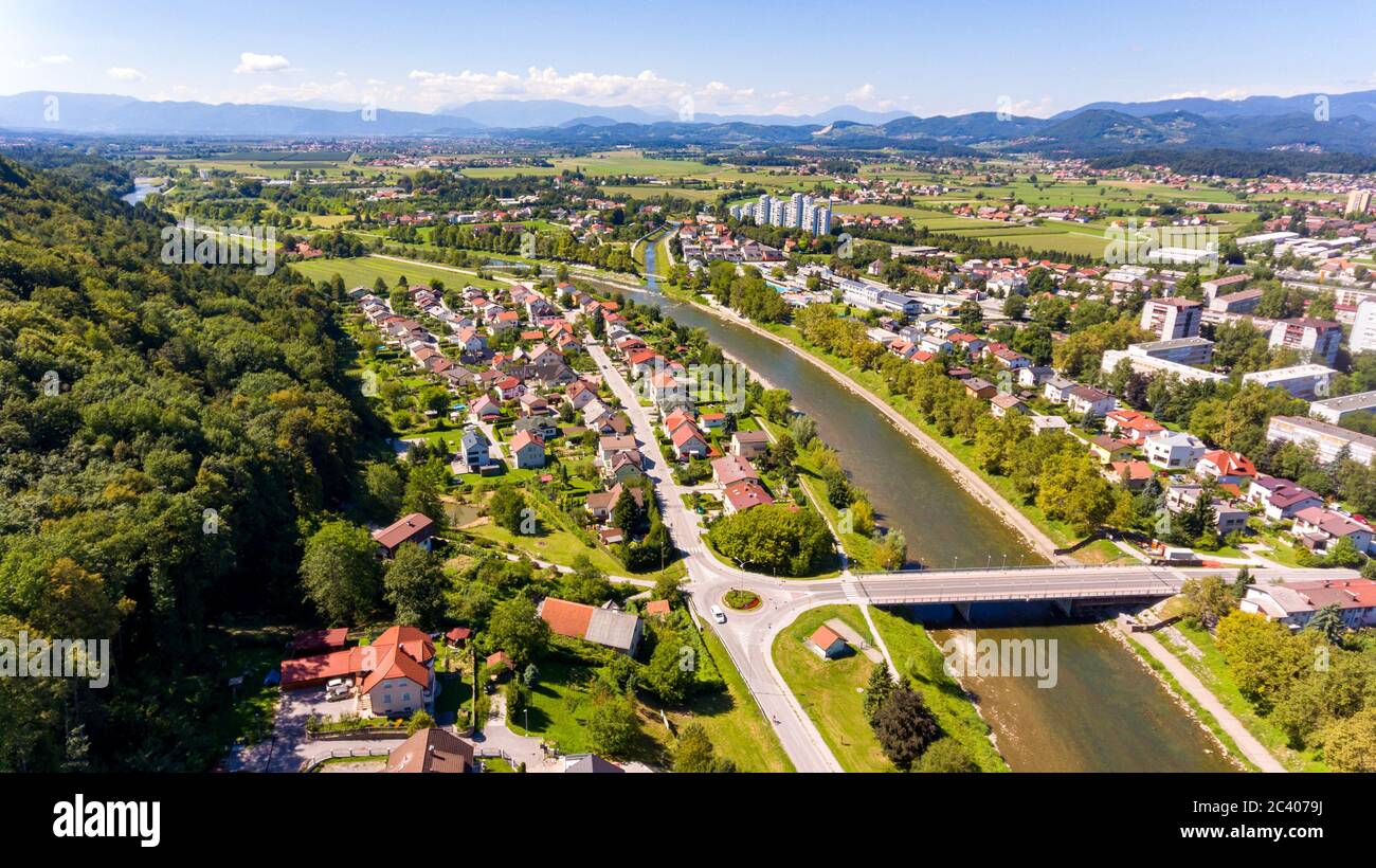 Aerial view of city with a river flowing by Stock Photo - Alamy
