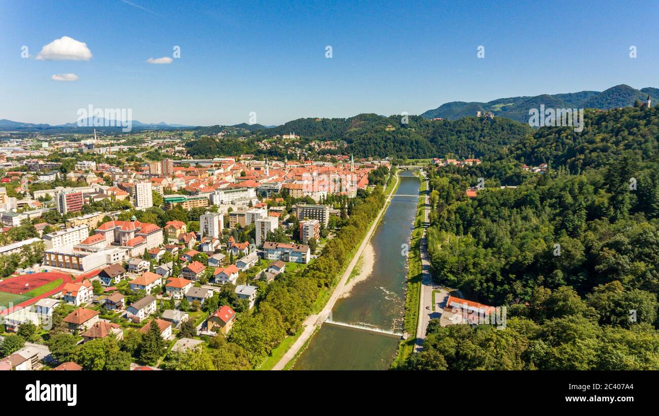 Aerial view of city with a river flowing by. Stock Photo