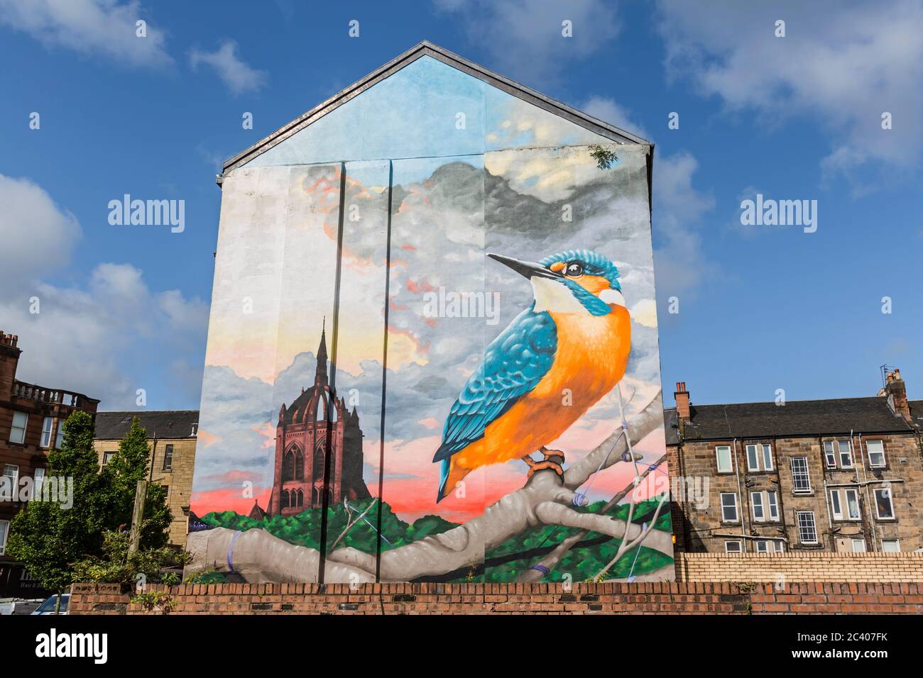 Paisley mural by Mark Worst representing Alexander Wilson with a Kingfisher and Thomas Coats by the Memorial Church, Johnston Street, Scotland, UK Stock Photo