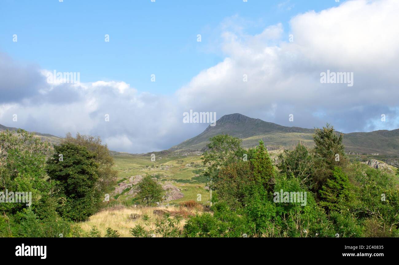 The foothills of the Snowdonia mountain range in North Wales. Fair weather clouds and blue sky on a spring day. Trees form the foreground. Copy space. Stock Photo