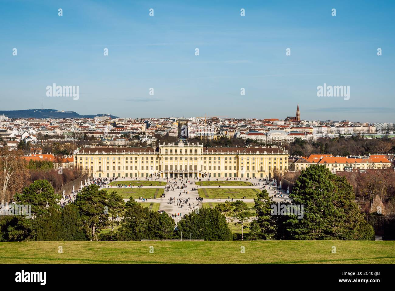 Vienna panorama and Schonbrunn Palace view from Gloriette hill at sunny day, Vienna, Austria. Stock Photo