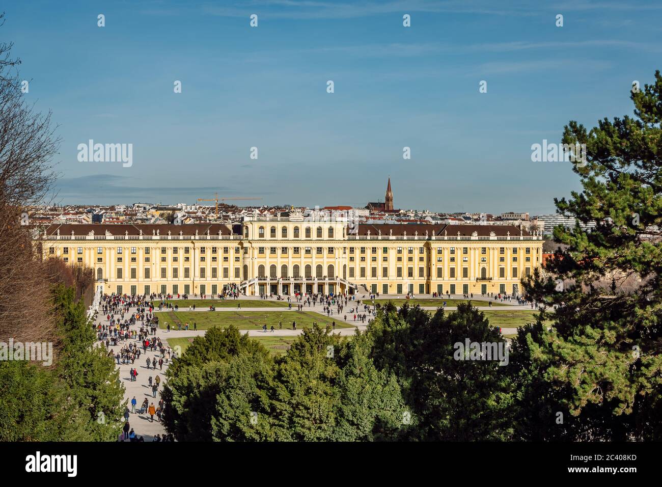 View of Schonbrunn palace ( Schloss Schoenbrunn ) from south, Vienna, Austria. Stock Photo