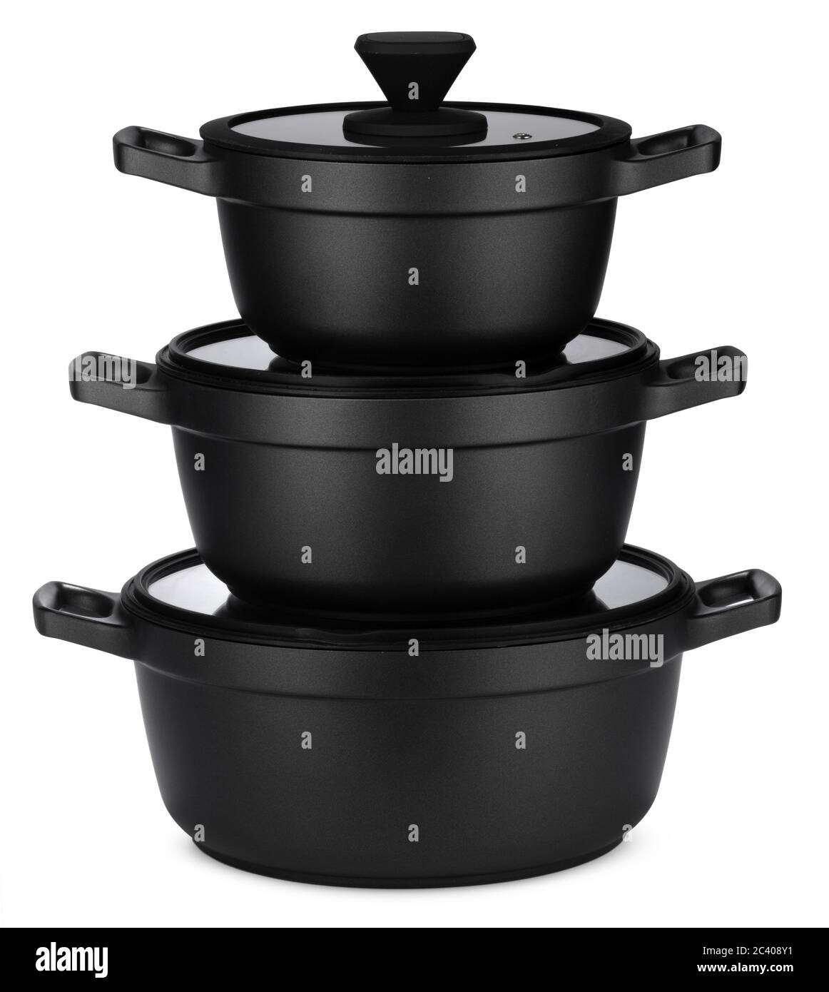 New set of black saucepans isolated on white Stock Photo Alamy