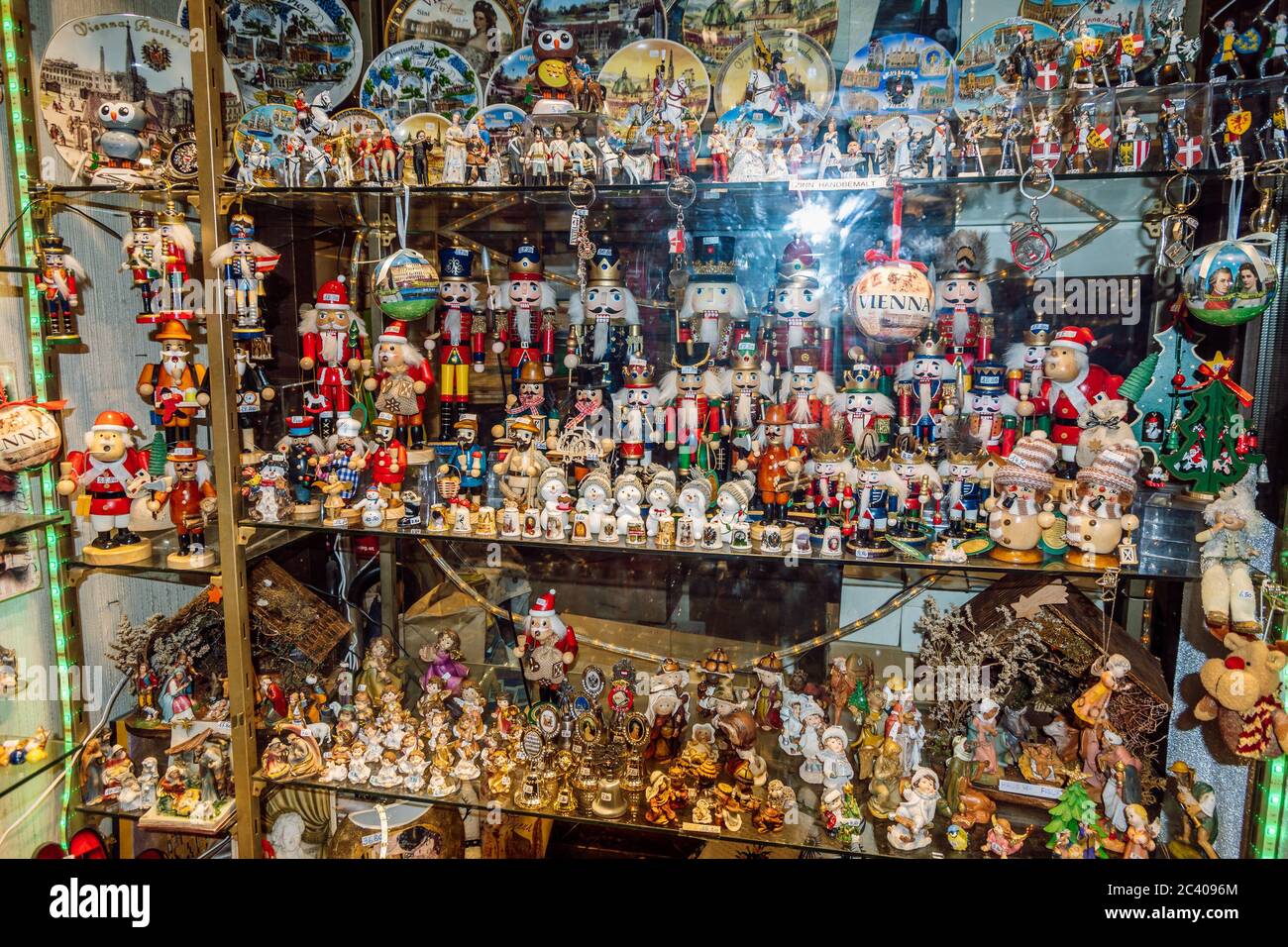 Showcase of souvenir shop in city center, close up view. Souvenir shop