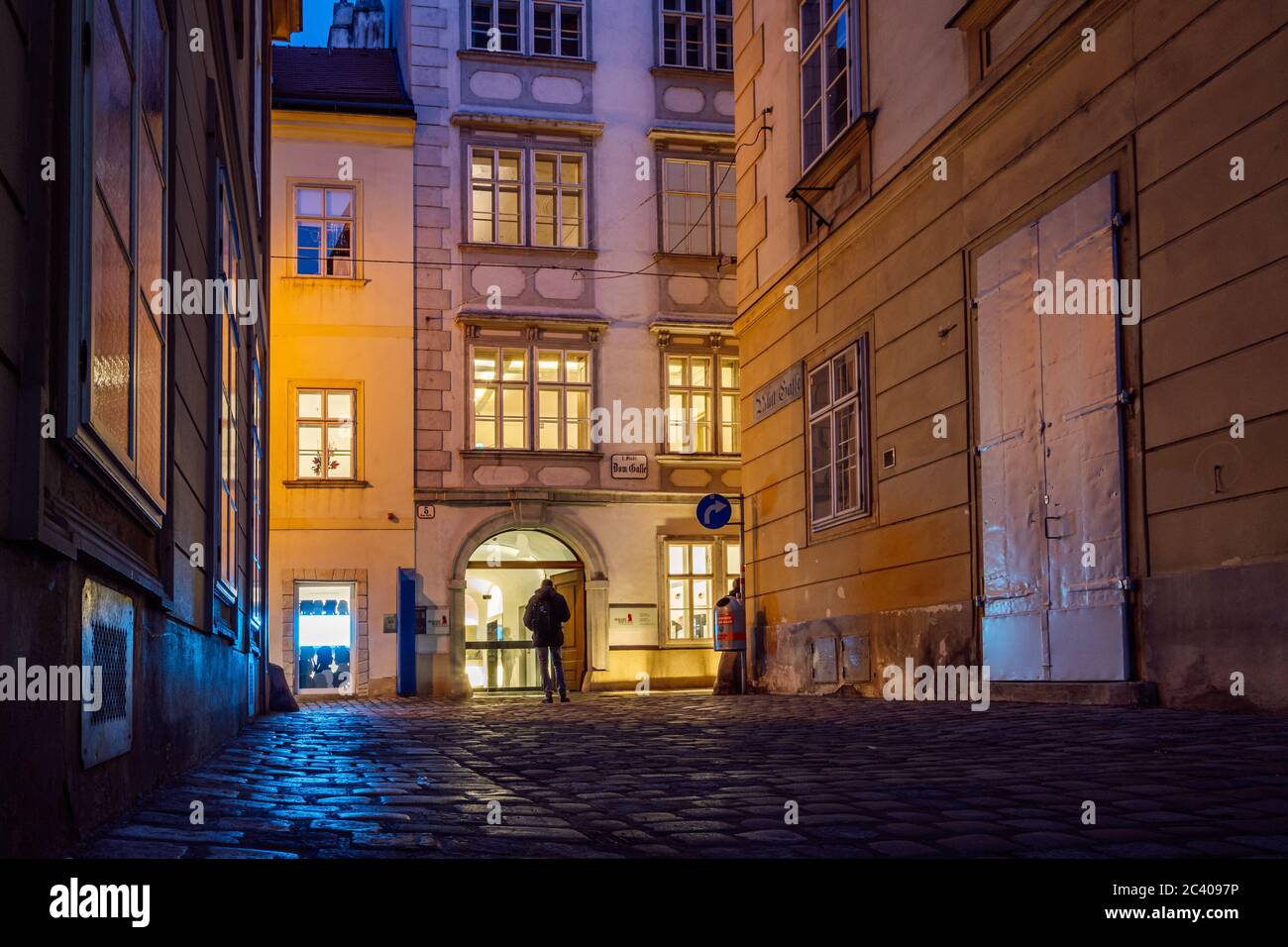 View of Mozarthaus at night. Mozart, one of the greatest composers of all time, lived in this apartment in Domgasse with his family, Vienna, Austria. Stock Photo