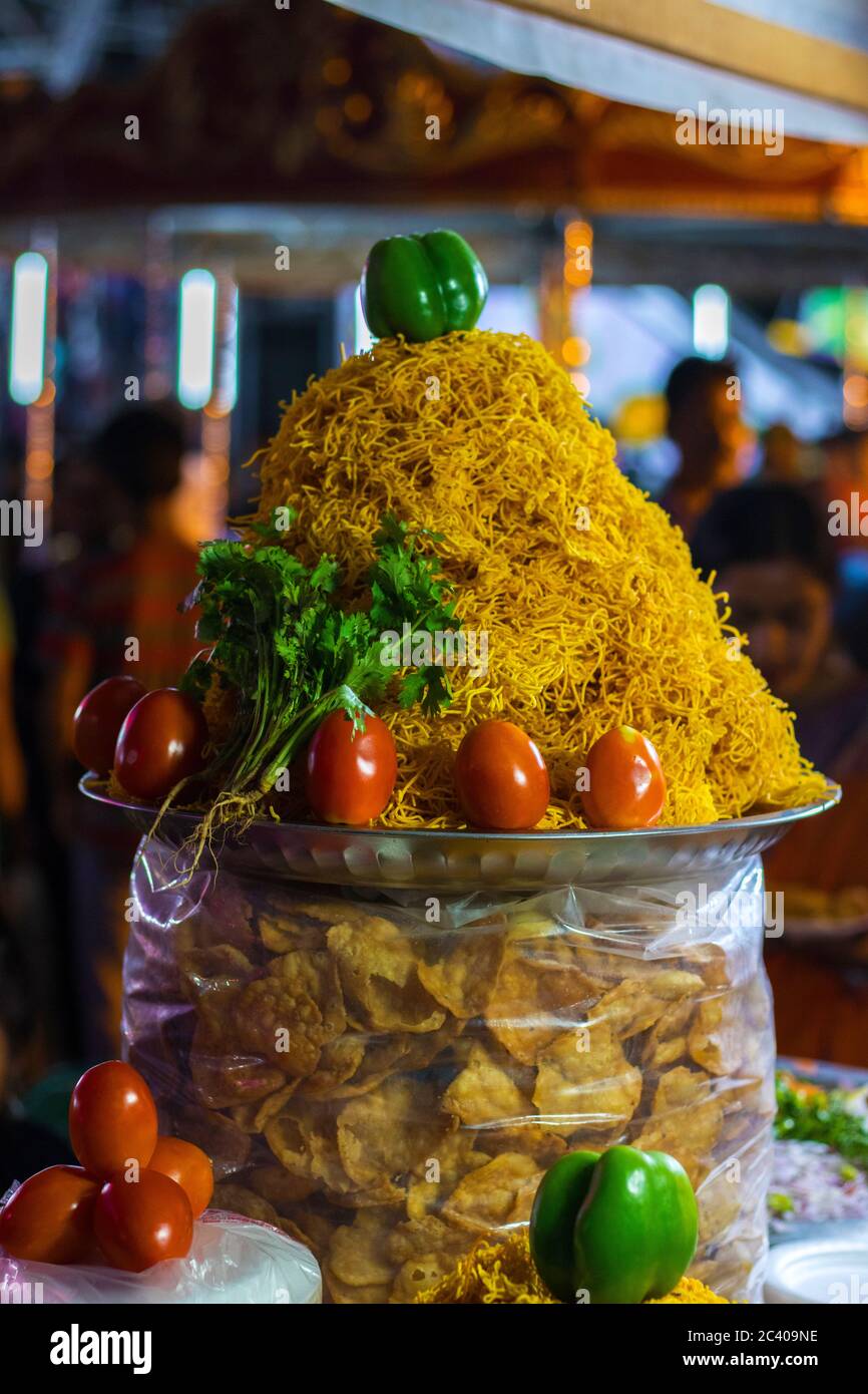 India's One Of The Most Popular Street Food Papri Chaat,Ingredients Of Chaat Arranged At Stall For Sale Stock Photo