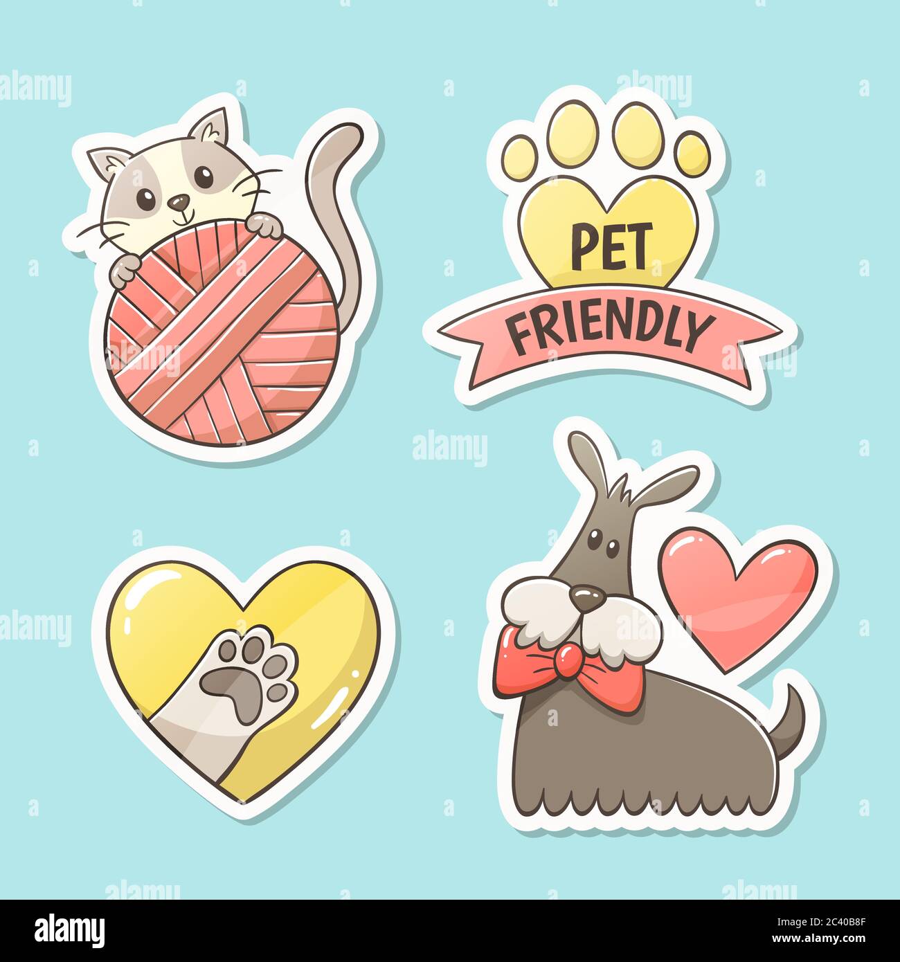 Pet friendly stickers. Hand-drawn cute label designs. Perfect for greeting cards, t-shirts, decorative elements, and pet design products. Stock Vector
