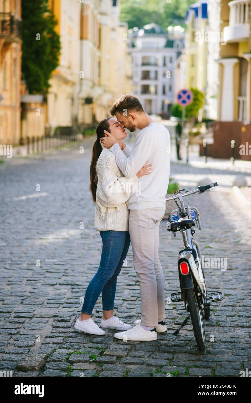 Man and woman standing face to face on the street Stock Photo