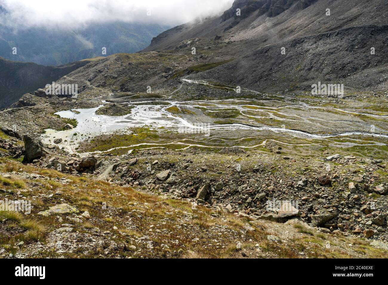 Kleine Bachläufe auf einer Schwemmebene im Val d'Arolla, Kanton Wallis. Stock Photo