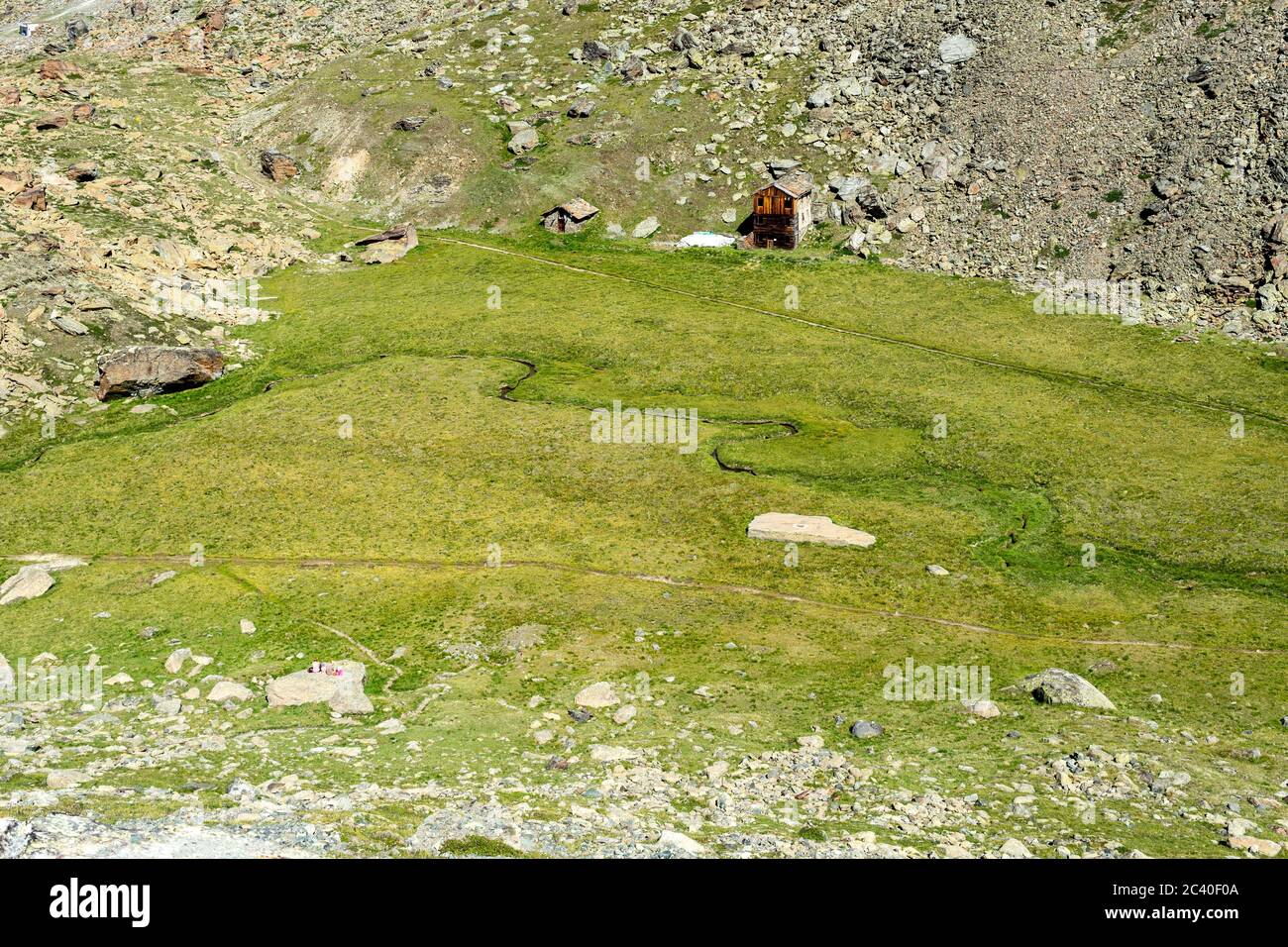Umgeben von Geröll liegt die grüne Ebene der Fluhalp, bei Zermatt, Kanton Wallis. Stock Photo