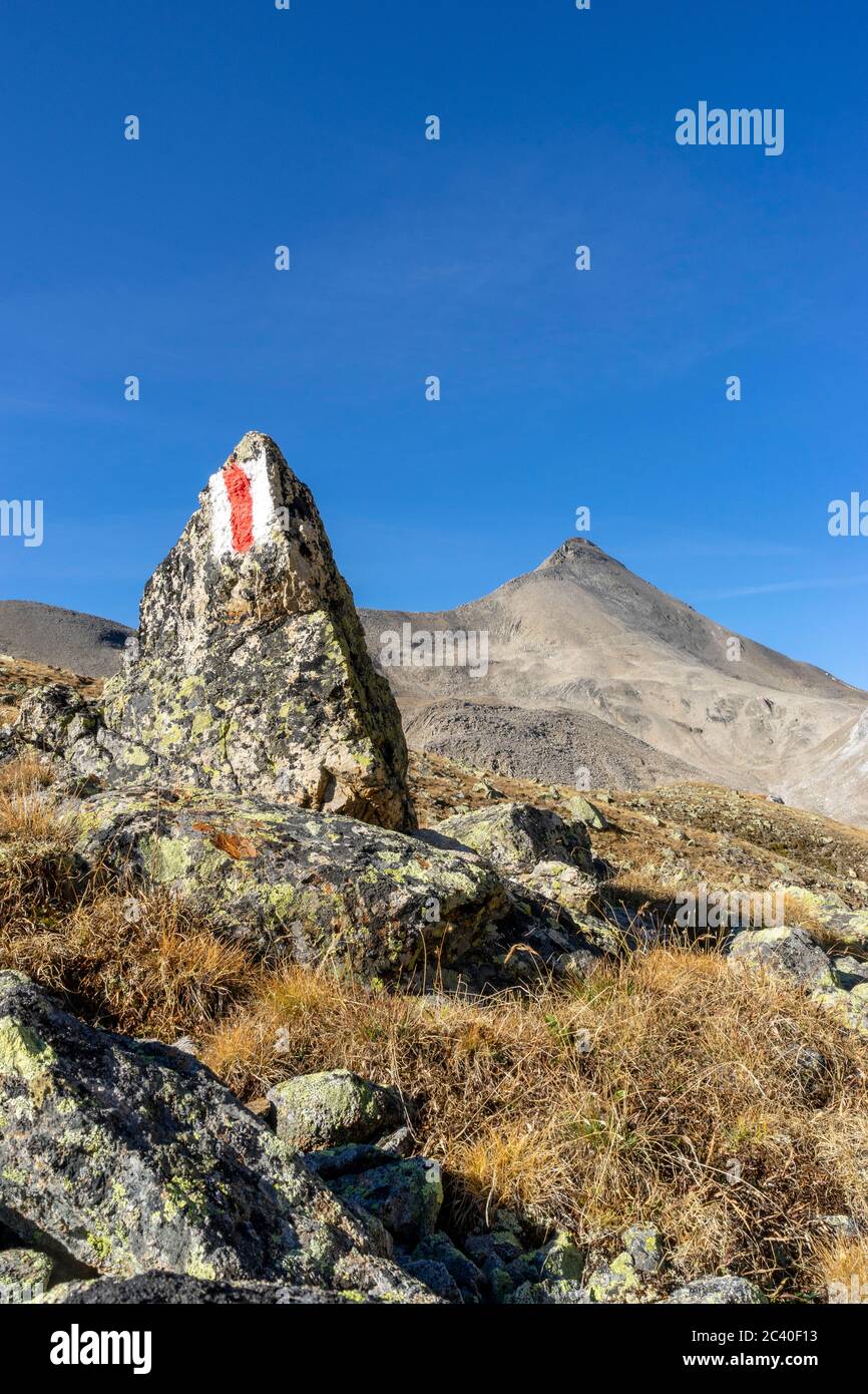 Farbmarkierung des Bergwanderwegs an einem Felsblock (Gneis) im Val d'Es-cha, Oberengadin, Graubünden. Am Horizont der Piz Blaisun (Kalkgestein). Stock Photo