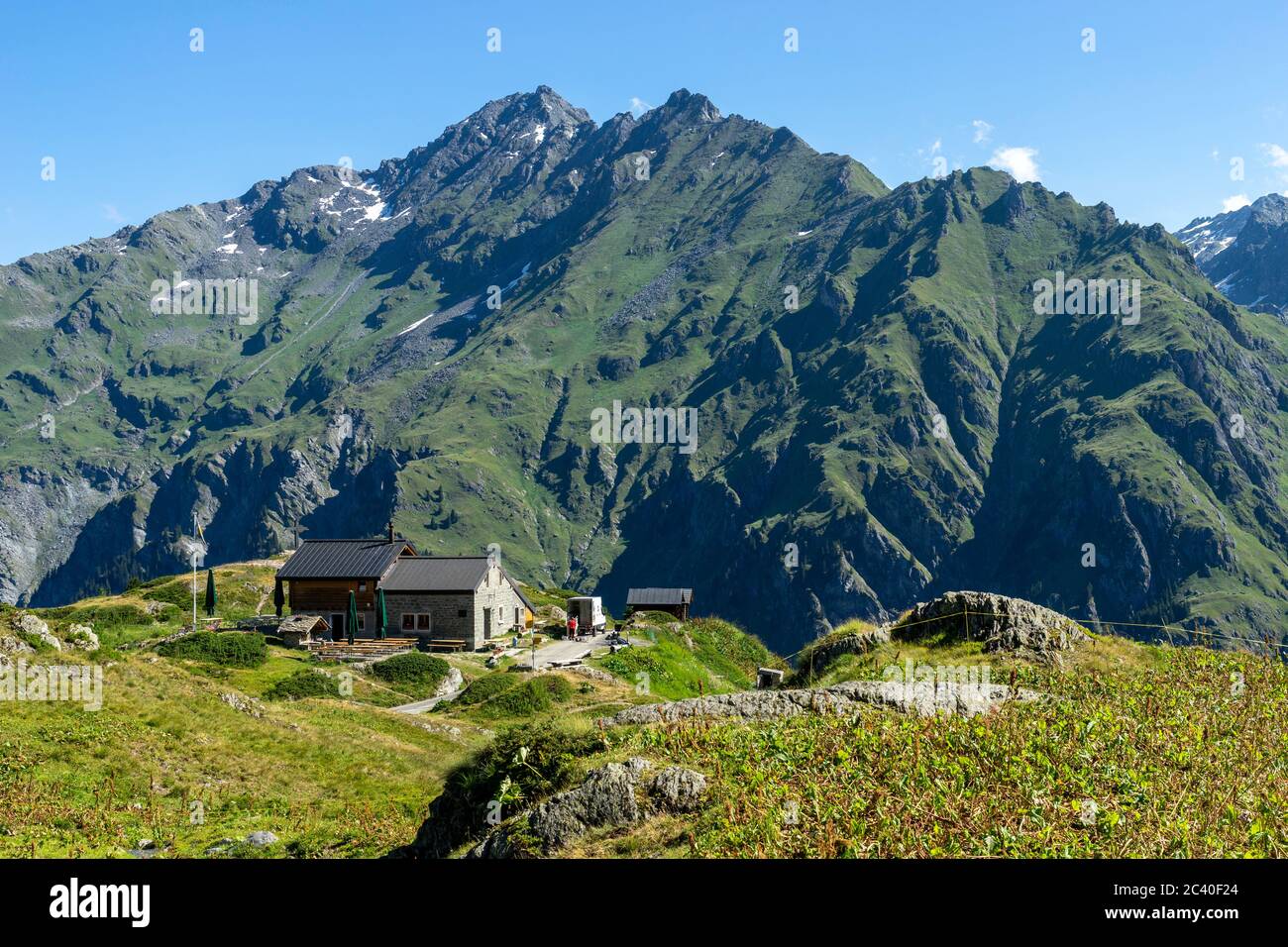 Die Cabane Brunet mit dem Bec des Rosses im Hintergrund, Val de Bagnes, Kanton Wallis (no property-release) Stock Photo