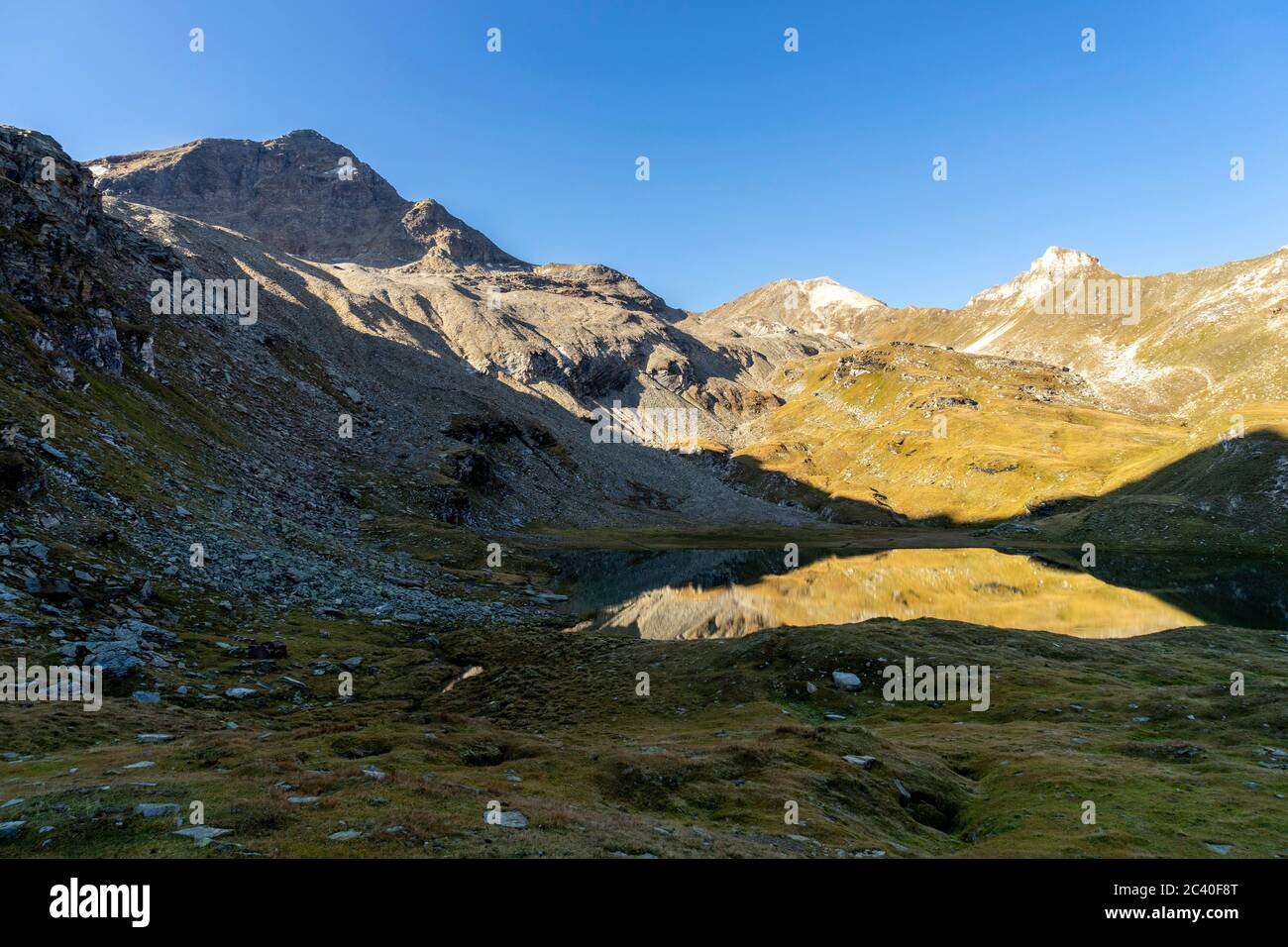 Fanellhorn, Wissgrätli und Bleschaturra (von links) über dem Guraletschsee, Zervreila-Region, Valser Tal, Graubünden Stock Photo