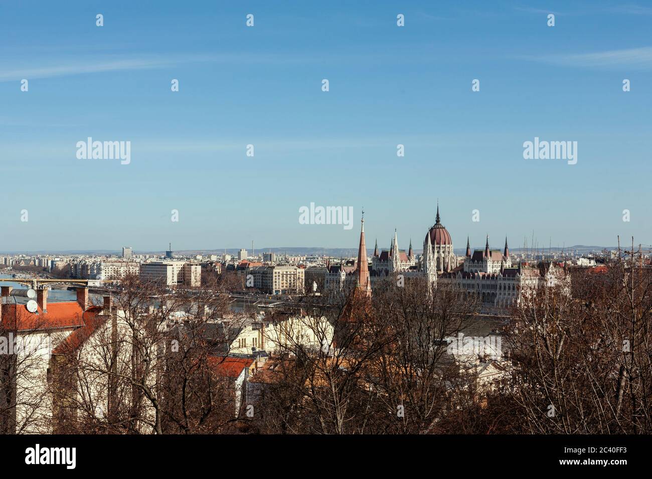 View across the Danube from the Vár in Buda to Pest on the opposite bank, with the Parliament building prominent: Budapest, Hungary Stock Photo