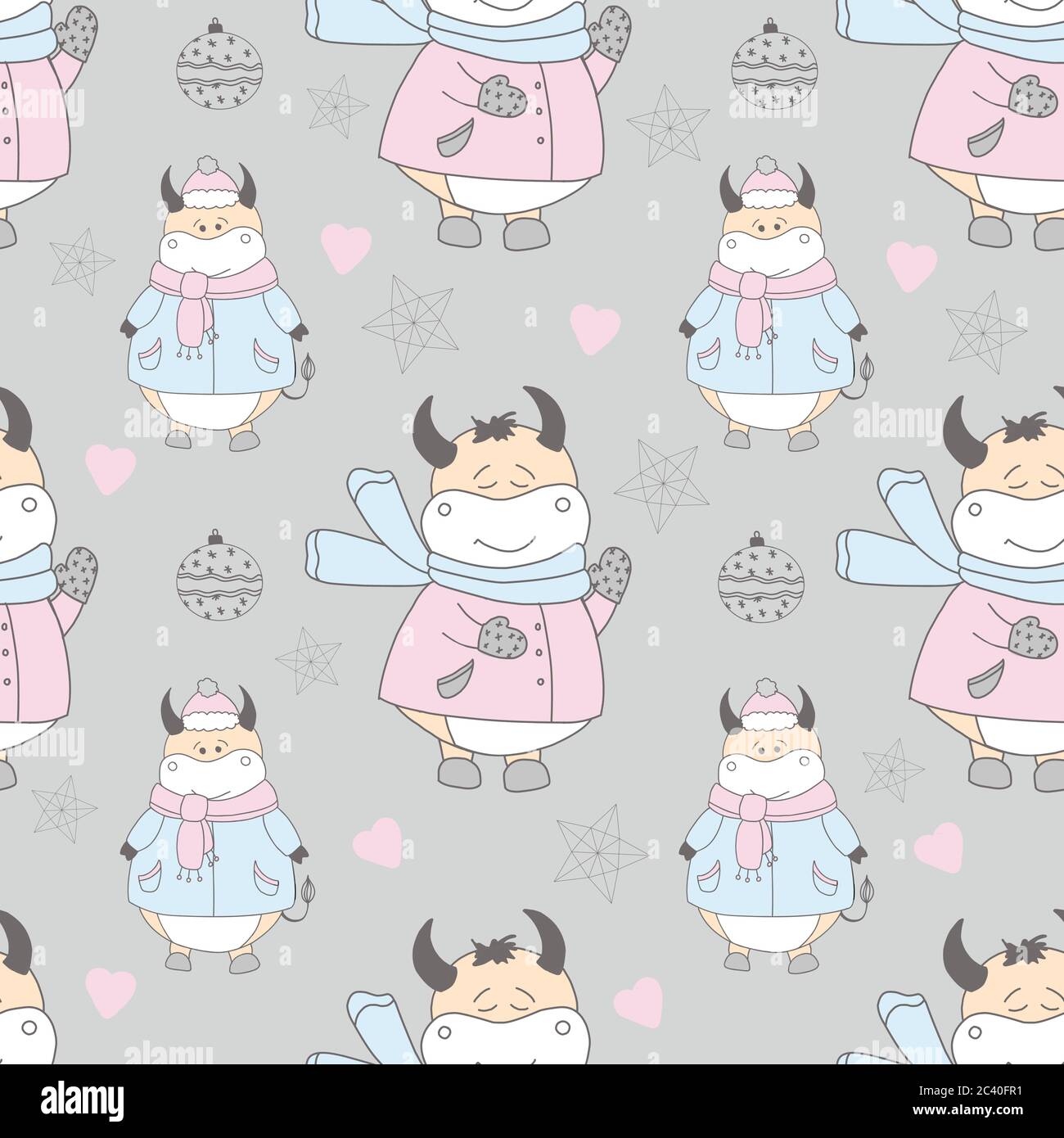 New Year pattern with a bull. Ox symbol of 2021. Funny ox illustration. Wrapping paper, christmas textile design.. Stock Vector