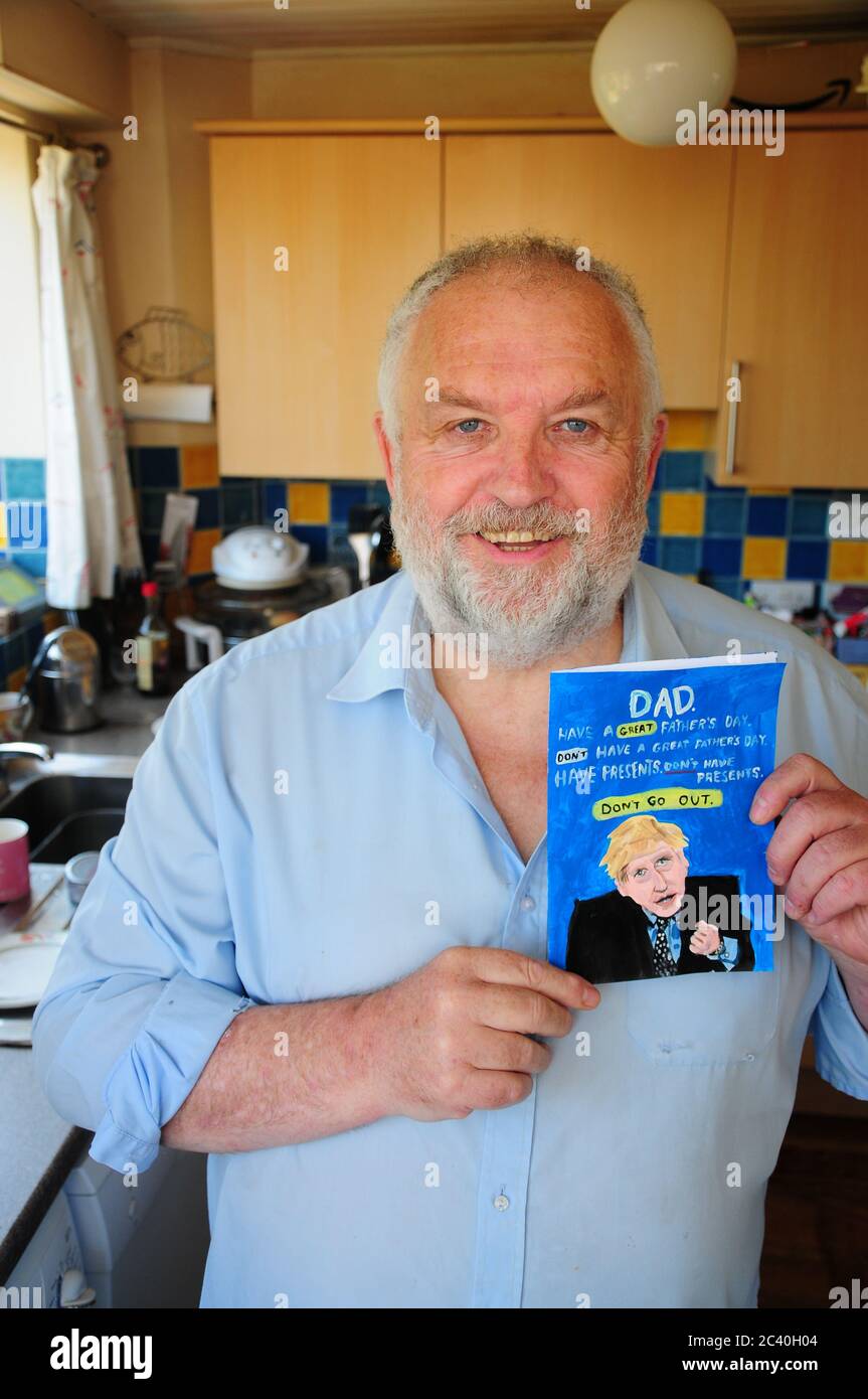 Portland. 23rd June 2020. Coronavirus. Dorset dad, Stuart (67) gets hand-painted humour, from daughter, on Fathers Day.credit: stuart fretwell/Alamy L Stock Photo